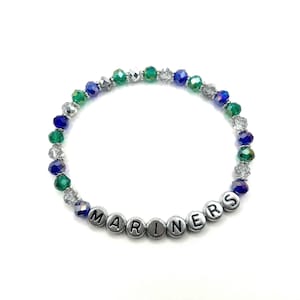 Seattle Mariners Baseball MLB Inspired Silver Letter Bracelet with Blue, Green & Silver Shimmery Crystal Glass Beads
