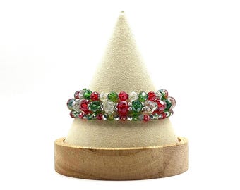 Christmas Holiday Red, Green, Silver & Clear 3 Piece Shimmery Crystal Glass Beaded Bracelet Set with Rhinestone Accents