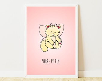 Katzenfee Kunstdruck | Minimalistisches Dekor | Rosa Wandkunst | Kawaii Wand Kunst | Ästhetisches Dekor | Soft Girl Dekor | Digitaler Download