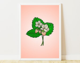 Aesthetic Strawberry Print | Strawberry Wall Art | Botanical Wall Art | Floral Wall Art | Fruit Decor | Soft Pink Decor | Digital Download