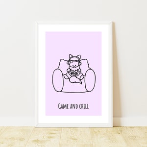 Cat Line Art | Minimalistic Decor | Purple Wall Art | Kawaii Wall Art | Video Game Decor | Gamer Girl Decor | Digital Download