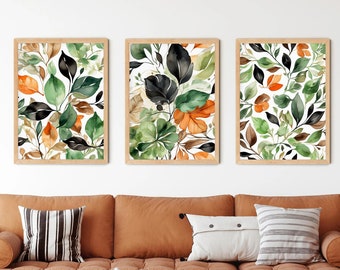 Watercolor Leaf Paintings - Set of 3 Printable Wall Art - Botanical Home Decor - Digital Download