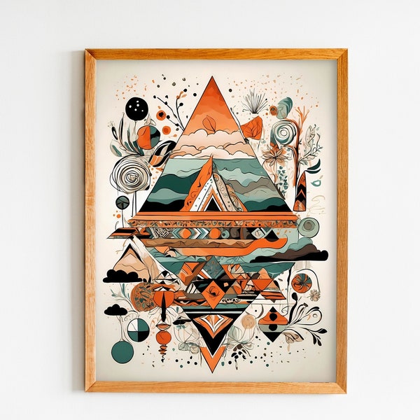 Boho Geometric Pyramid Wall Art, Modern Triangle Cave Digital Print, Abstract Rhombus Home Interior, Colorful Egypt Poster, Diamond Decor