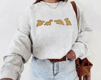 Dinosaur Chicken Nugget Embroidered Sweatshirt, Gifts for Her, Christmas Gifts, Birthday, Fall, Funny Christmas Sweaters, Dino Nugs, Food