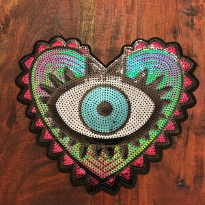 XXL Sequined Iron On/Sew-On Heart with Evil Eye Patch Applique 31081