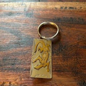 Op de afbeelding: Een zilveren sleutelhanger met een gouden hagedisbedel. De hagedis is versierd met kleine cirkels en is geplaatst op een zilveren achtergrond.