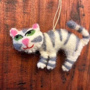 Hand-Crafted Felt White and Gray Striped Cat Kitty Ornament 29124