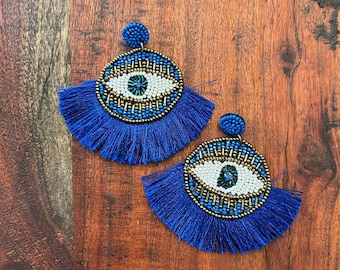 XXL Hand-Beaded and Fringed Earrings With Evil Eye Design – Royal Blue/Gold  29539