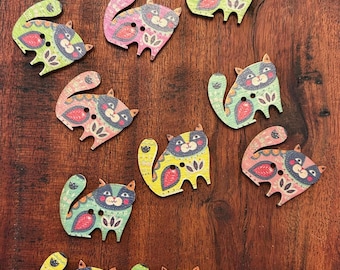 Playful 10/Pack Wood Buttons in Multi-Color Folk Art Cat Designs for Sewing, Scrapbooking 31672