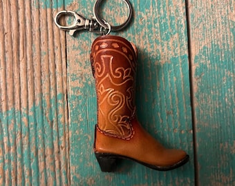 Saddle Tan Cowboy Boot Leather Keyring Purse Fob Zipper Pull 31431
