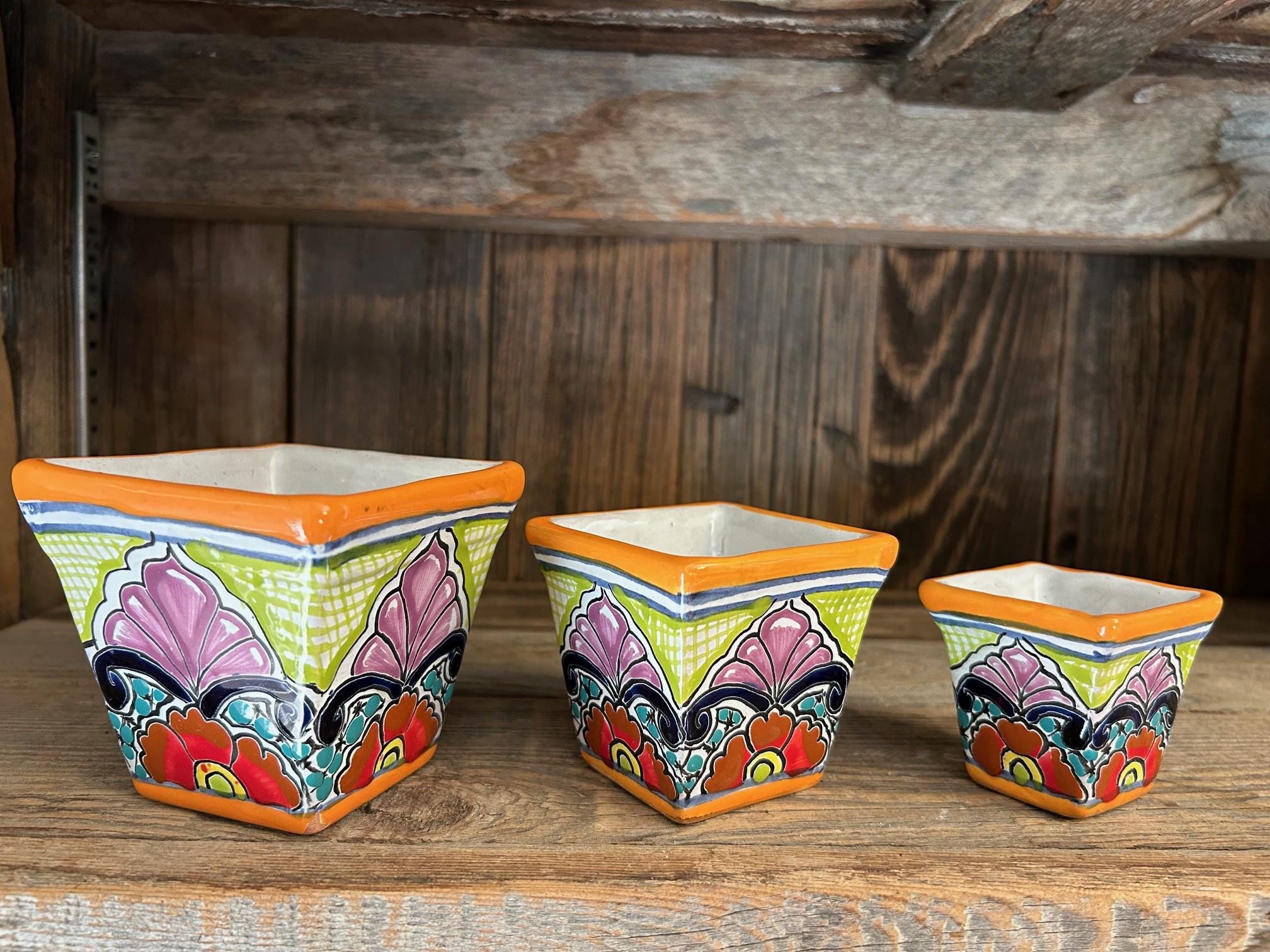 窓辺や卓上用 3ピース 本物の手描きタラベラプランターセット 30516