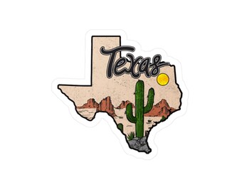 Vinilo decorativo colorido con el contorno del estado de Texas con temática desértica