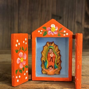 Mini Wooden Nicho Box Nativity Altar with Our Lady of Guadalupe Orange – 30521