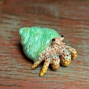 May include: A ceramic hermit crab figurine with a green shell and a spotted orange body. The crab's claws and legs are yellow. The figurine is set against a reddish-brown wooden surface.