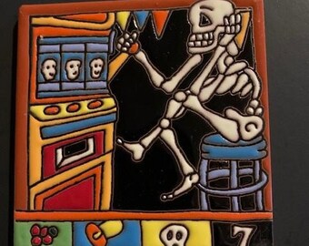 Hand-Painted Day of the Dead Dia de los Muertos Skeleton Playing Casino Slot Machine - 24930