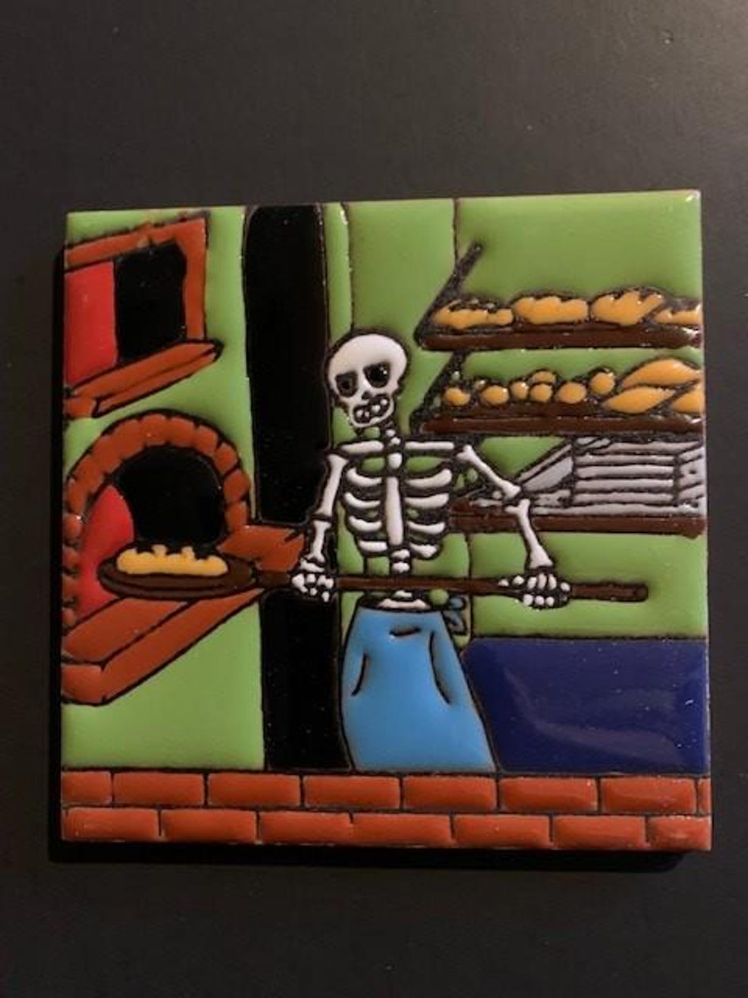 Glazed 4” Square Tile of a Day of the Dead Dia De Los Muertos Panadero ...