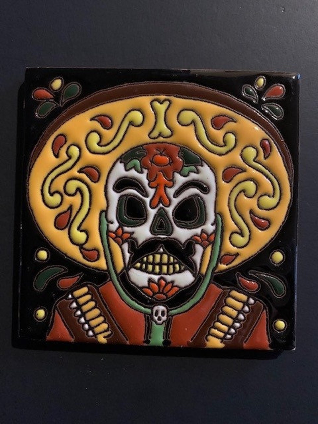 Glazed 4” Square Tile of Day of the Dead Dia De Los Muertos Pancho ...