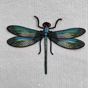 May include: Embroidered dragonfly patch with iridescent wings in shades of blue and green. The dragonfly has a black body, legs, and antennae, with red eyes. This decorative patch can be sewn or ironed onto fabric.