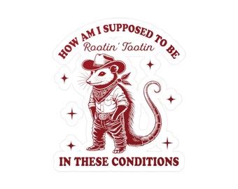 Cowboy Opossum Vinyl Decal with "How Am I Supposed to Be Rootin Tootin in These Conditions"