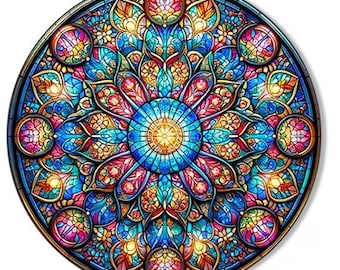 9” Diameter Window Cling in a Stained Glass Mandala Design 31704