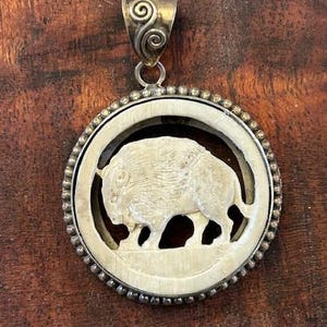 Hand-Carved Vintage Antler and Sterling Silver Buffalo/Bison Pendant 30185