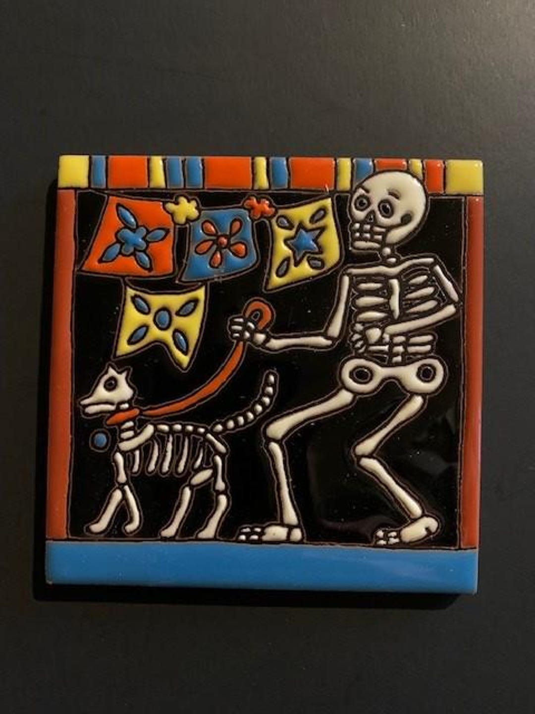 Glazed 4” Square Tile of a Day of the Dead Dia De Los Muertos Skeleton ...