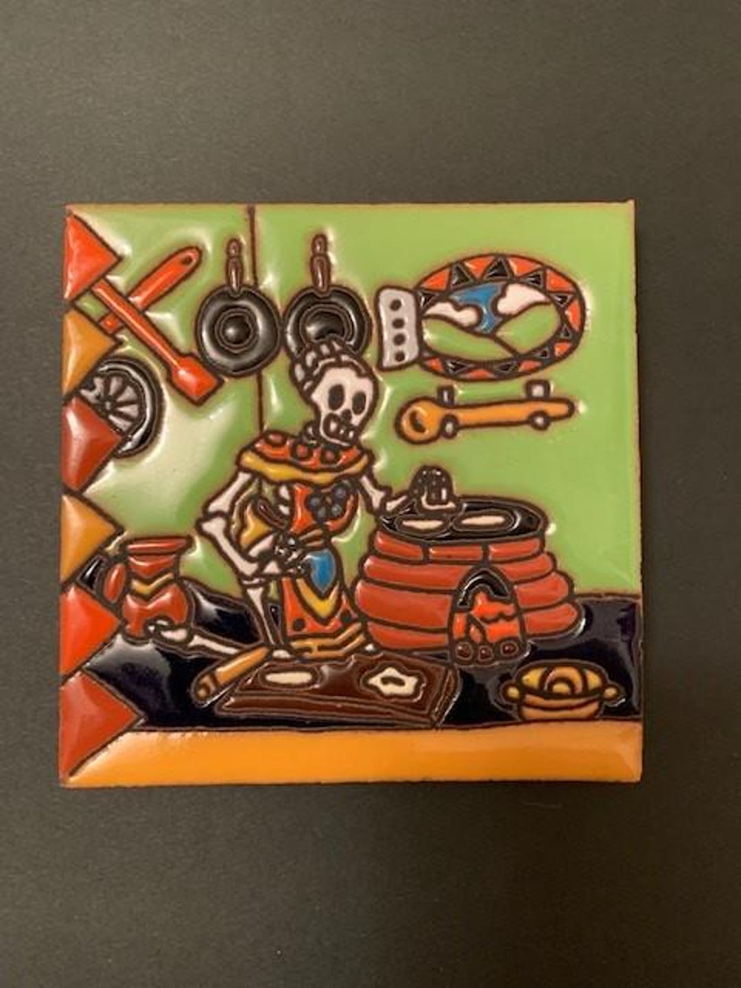 Glazed 4” Square Tile of Day of the Dead Dia De Los Muertos Tortilla ...