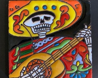 Glazed 4” Square Tile of Day of the Dead Dia de los Muertos Guitar Player – 25139