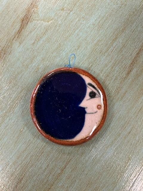 2” Round Hand-crafted Stoneware Tile Ornament of Smiling “la Luna