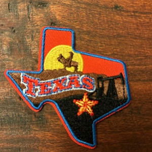 Woven and Embroidered Patch Emblem Applique of State of Texas Outline with Cowboy 29284