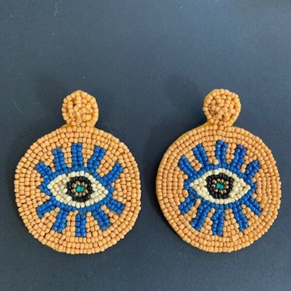 XXL Hand-Beaded Earrings with Evil Eye and Desert Colors 28379