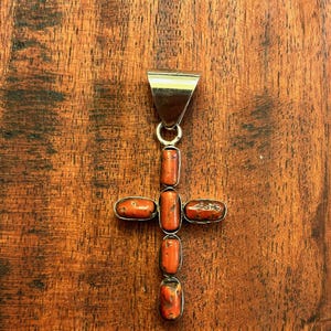 Vintage Navajo Cross Pendant in Sterling Silver with Natural Coral 29722