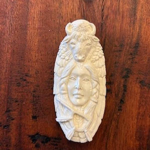 Hand-Carved XL Bovine Bone Focal or Fetish of a Native Warrior and Buffalo 30174