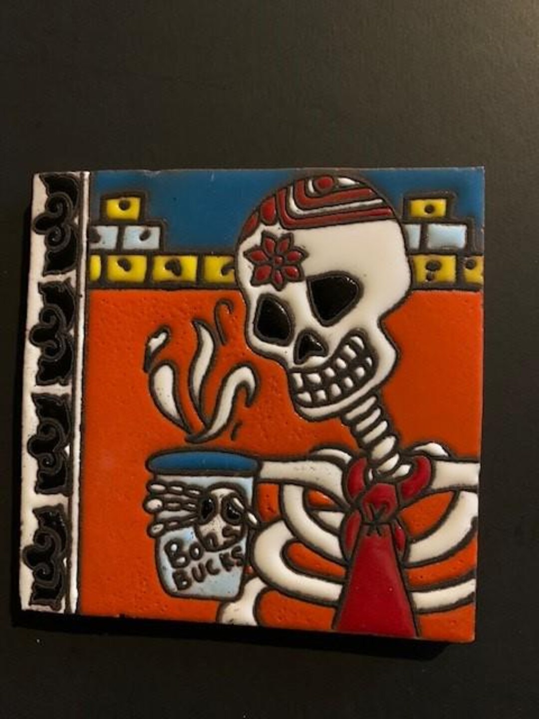 Glazed 4” Square Tile of Day of the Dead Dia De Los Muertos Coffee to ...