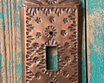 Elaborate Antique Copper Finish Tin Wall Light Switch Plate Single Toggle 31745