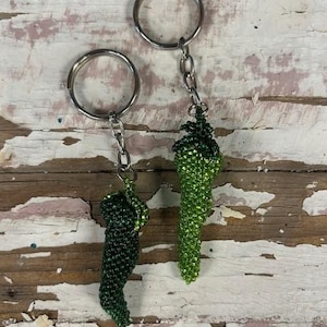 Hand-Beaded Key Ring Key Chain with Green Chile Pepper