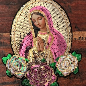 XL Sequined Iron On/Sew-On Patch Emblem Applique of Our Lady of Guadalupe 32003