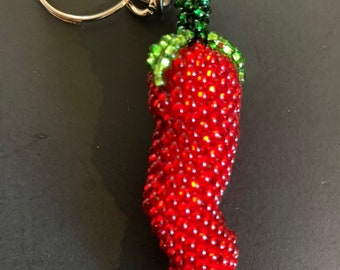 Hand-Beaded Key Ring Key Chain with Red Chile Pepper