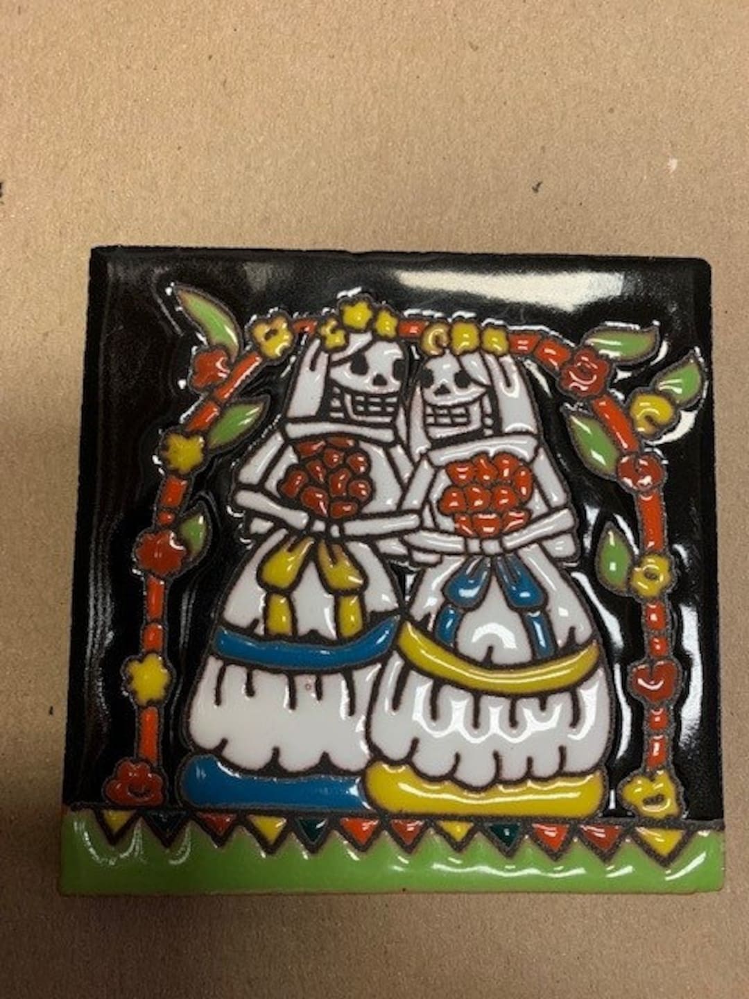 Glazed 4” Square Tile of Two Brides Day of the Dead Dia De Los Muertos ...