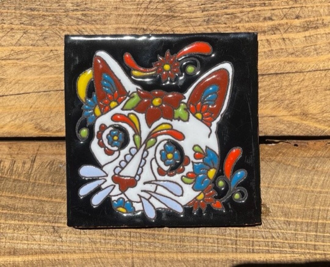 Glazed 4” Square Tile of a Day of the Dead Dia De Los Muertos Cat ...