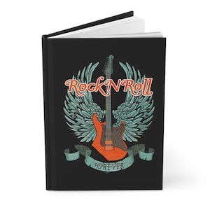 May include: Black notebook with a graphic of an electric guitar with wings and the text "Rock N Roll Forever".