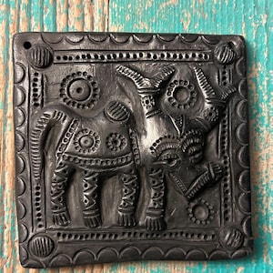 Vintage Hand-Moulded Black Clay 3.5” Tiles in Ethnic Water Buffalo Design 32105
