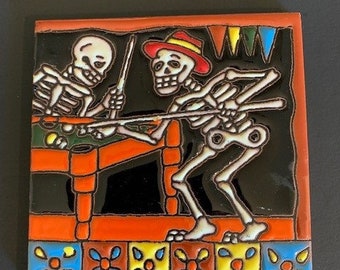 Glazed 4” Square Tile of Day of the Dead Dia de los Muertos Skeletons Shooting Pool – 25141