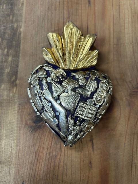Hand-crafted Folk Art Flaming Dark Purple Heart With Milagros