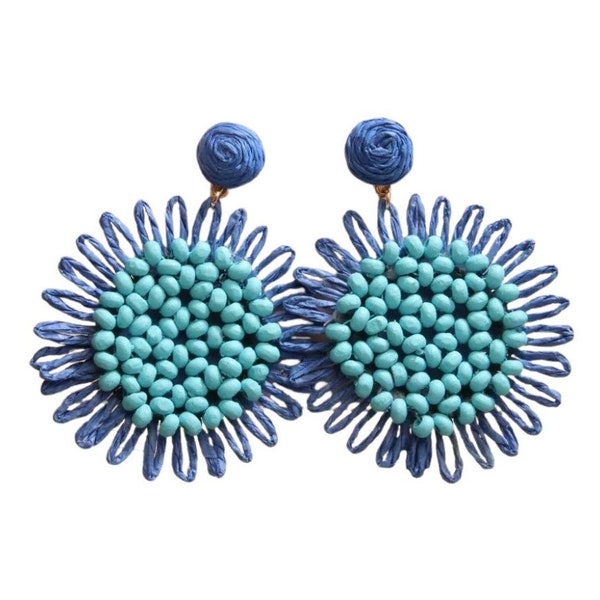 Boho Raffia and Bead Sunflower Earrings in Blue and Turquoise 28237