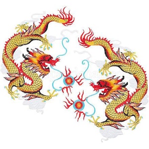 May include: Two embroidered golden dragons with red and yellow accents facing each other on a white background. The dragons are detailed with scales and have a swirling design.