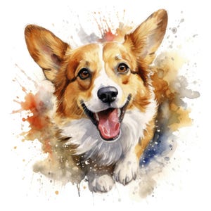 Pode incluir: Pintura em aquarela de um cão corgi sorridente com pelagem marrom e branca, sobre um fundo de respingos de aquarela marrom e laranja.