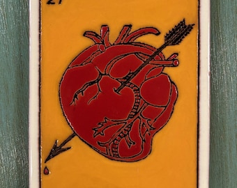 Handgefertigte Loteria „El Corazon“ Glasierte Dekorfliese 31714