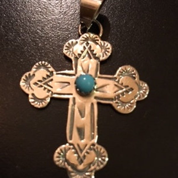 Navajo Sterling Cross Pendant with Turquoise Cabochon