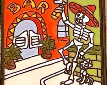 Glazed 4” Square Tile of Day of the Dead Dia de los Muertos Bar with Cat – 25148
